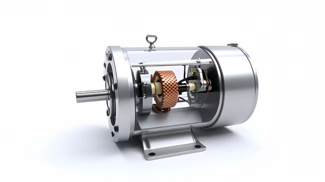 Electric motor isolated on a white background displays industrial engineering components for manufacturing and technical presentations.