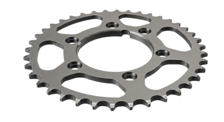 Close up shot of a metallic sprocket with teeth and circular cutouts on a black background