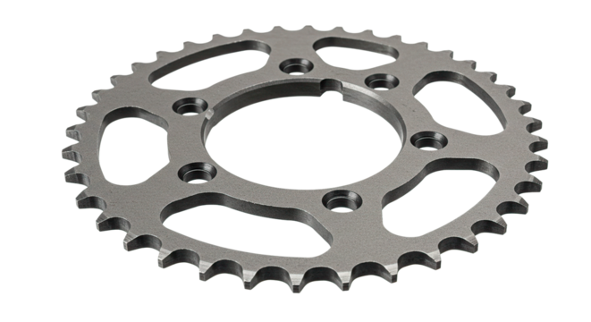 Close up shot of a metallic sprocket with teeth and circular cutouts on a black background