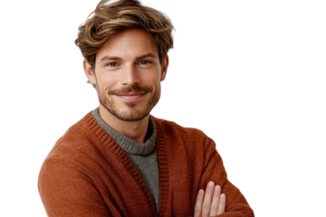 Happy handsome man looking at camera with arms crossed on white background PNG
