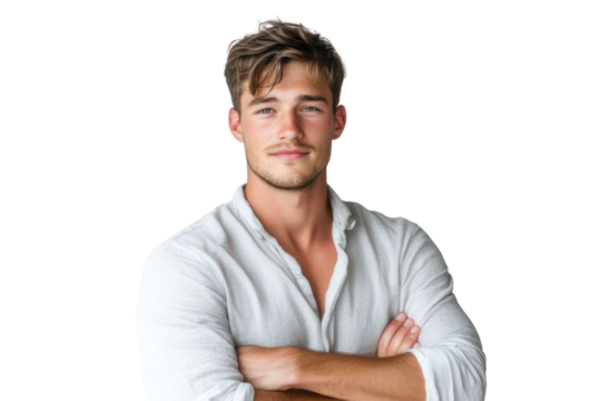 Happy handsome man looking at camera with arms crossed on white background PNG