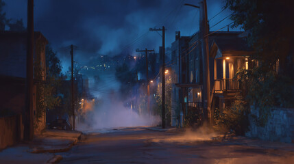 Moody night street bathed in sci-fi tones, smoke wafting from alleyways as light cascades down walls and onto the street. Empty, surreal scene suggests anticipation or aftermath