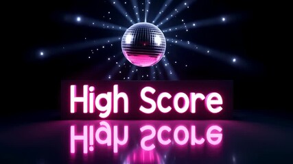 A vibrant disco ball illuminates a High Score sign with a radiant glow on a reflective dark stage. - Powered by Adobe