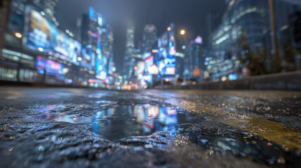 Obraz premium Low perspective view of glossy asphalt street, neon signage reflected in surface puddles. Street haze, stage-style light rays, and faint silhouettes in background suggest a dystopi