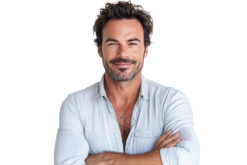 Happy handsome man looking at camera with arms crossed on white background PNG