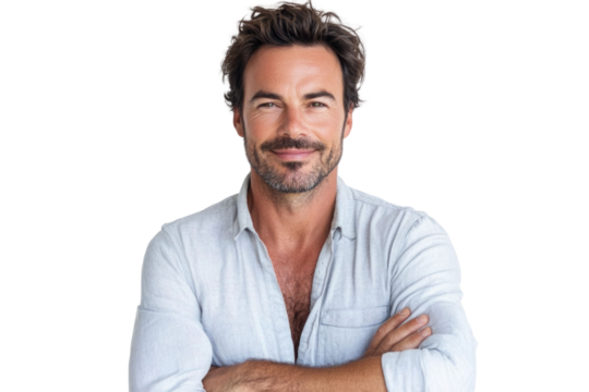 Happy handsome man looking at camera with arms crossed on white background PNG