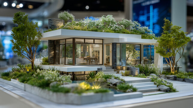 Detailed architectural scene with blueprint plan of smart green house, miniature home features glass faÃ§ade, rooftop greenery, and trees around perimeter symbolizing environmental