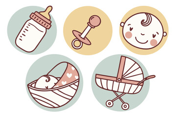 Cute baby essentials collection featuring bottle pacifier baby face bassinet and stroller icons