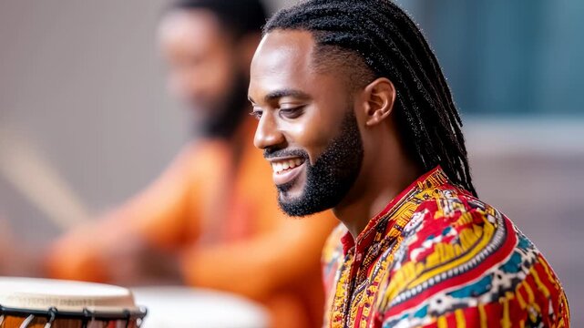 Energetic drumming session with smiling musician in vibrant traditional attire
