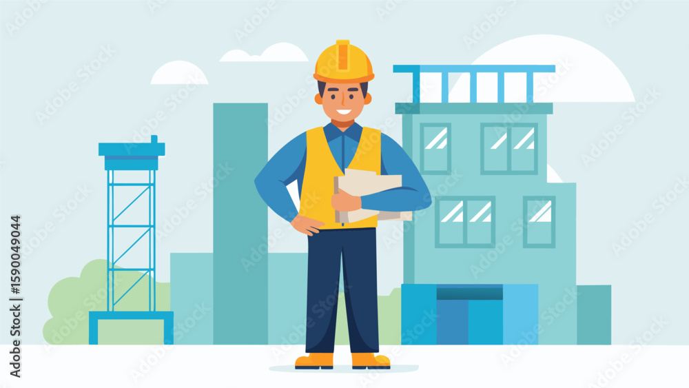 Poster a hardhatclad construction worker stands confidently in front of a halfbuilt structure blueprints in