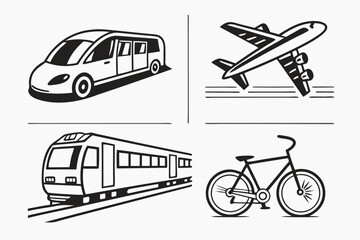 Collection of stylized black and white icons representing different modes of transportation