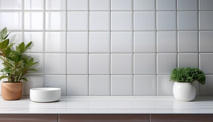 white glossy tiles bathroom or kitchen background with podium
