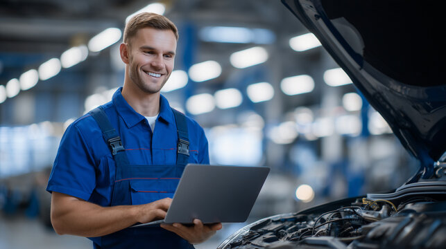 Focused mechanic uses laptop to scan engine codes under bright LED lights in modern service garage, wires connected to vehicle, digital interface shows engine health
