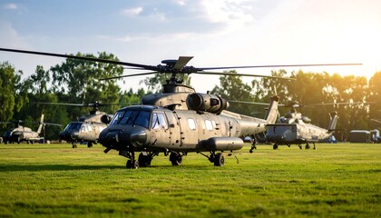 Military helicopters on a grassy field under a partly sunny sky