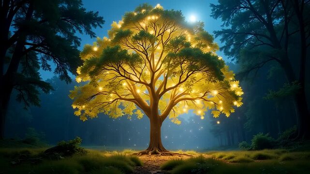 Enchanted tree glows with magical light in a peaceful forest at night under a full moon, creating a serene landscape.