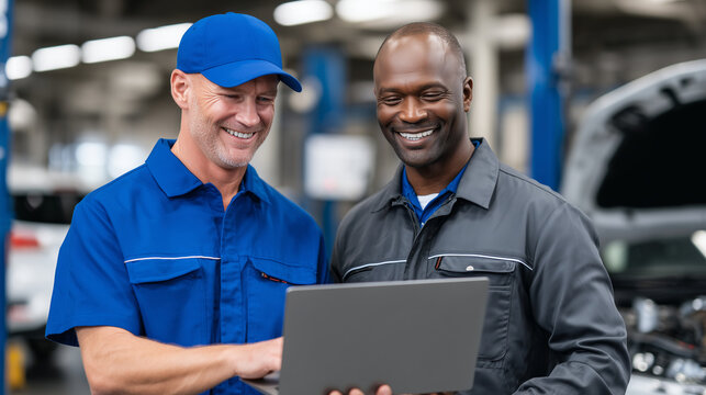 Confident mechanic explains repair issue using laptop screen to colleague, both surrounded by car parts, hydraulic lifts, and digital equipment