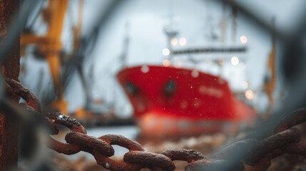 Close-up of towering red hull towering over dock workers, lanterns casting long shadows across steel plates and rusted anchor chains