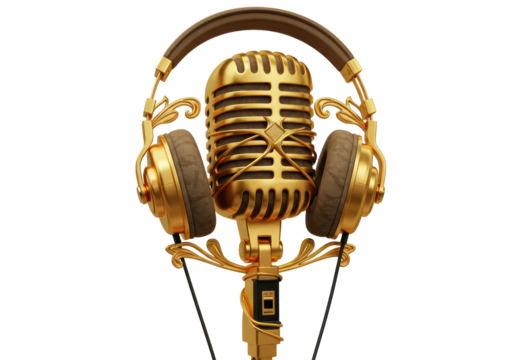 Isolated Vintage Golden Microphone and Headphones Set