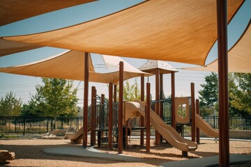 Outdoor playground with beige shade sails