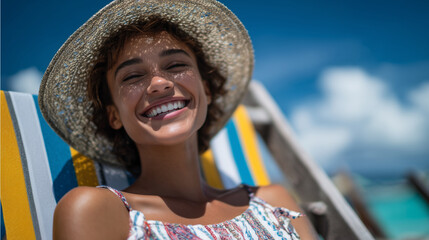 Fototapeta premium Woman in casual beachwear laughs heartily while lounging on a colorful beach chair, straw hatâs shadow patterned on her shoulders, turquoise water and cloudless sky behind her