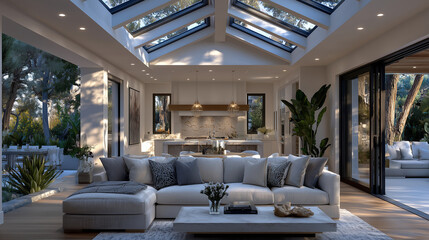Luxurious open-plan home interior with natural light pouring through wide windows and skylights, illuminating hardwood floors and neutral-toned furnishings. Living room flows into
