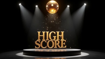 High score golden text shimmers below a disco ball on a dark stage illuminated by spotlights. - Powered by Adobe