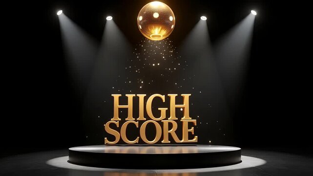 High score golden text shimmers below a disco ball on a dark stage illuminated by spotlights. - Powered by Adobe