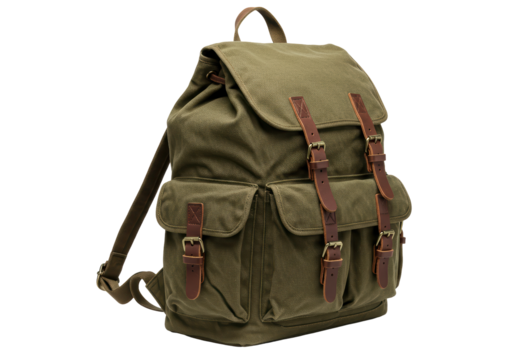 Isolated Green Canvas Backpack with Brown Leather Straps