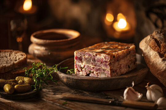 Rustic potjevleesch jellied meat terrine in cozy northern French farmhouse kitchen