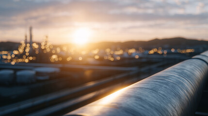 Obraz premium Close-up of polished steel pipeline with bright sunlight glinting off its curved surface. Industrial buildings and smokestacks blend into distant city skyline under a clear blue sk