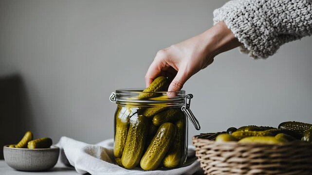 Hand reaching for pickle in glass jar with wicker basket on table in calm setting