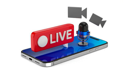 A 3D render of a smartphone with a red rectangular LIVE notification bar protruding from its screen