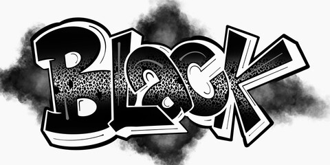 black illustration, black letter with unique graffiti pattern and black gradient color and smoke effect