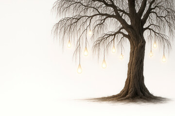 A bare tree, on the branches of which glowing bulbs hang. Space for text.