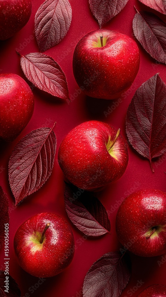 Poster fresh red apples arranged with green leaves on a vibrant red background for an appealing presentatio