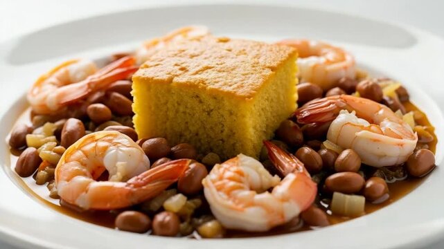 Appetizing Cooked Shrimp Cornbread and Beans Served on White Plate Closeup View