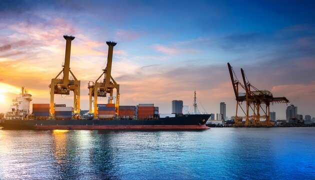 gantry crane or crane port working with cargo container on large cargo ship at side view in twilight beside jaopraya river bangkok of thailand concept of transport global trade and import export