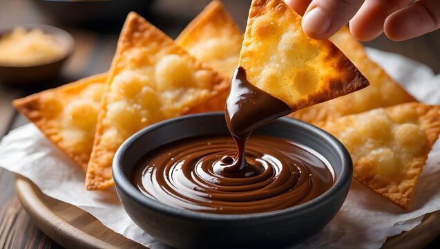 Crispy fried wonton chips with chocolate dipping sauce recipe and serving suggestions