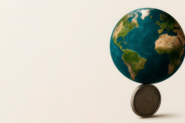 Globe balancing on the edge of a coin. Space for text.