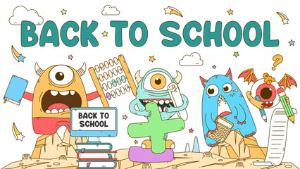 Back to school. Cute monsters with school math supplies, pencil, book, notebook, calculator. Fun cartoon background for kids education. Vector illustration.