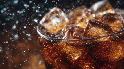 Extreme macro close-up on bubbling brown soda surrounded by translucent ice cubes, droplets of condensation reflecting light on glass. Sparkling effervescence emphasizes coolness,