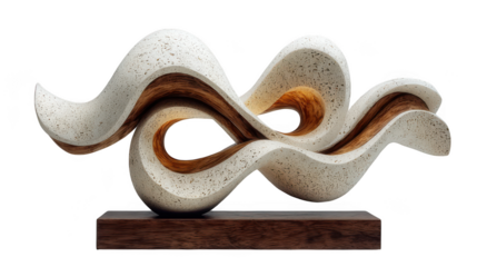 A flowing abstract sculpture with white textured curves and wood accents on a dark wood base, isolated on white isolated on transparent background