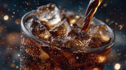 Crisp macro image of dark carbonated beverage effervescing with energy, ice cubes glowing inside glass. Tiny bubbles swirl and pop, condensation droplets sparkle on exterior, captu