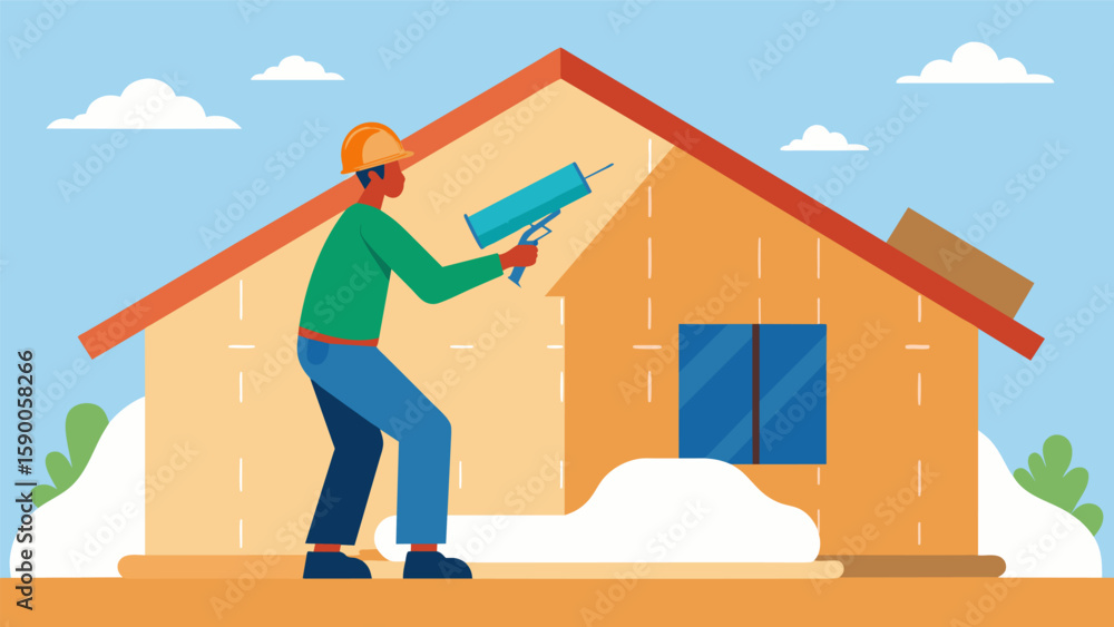 Poster a laborer using a staple gun to secure large sheets of foam insulation onto the walls of a newly con
