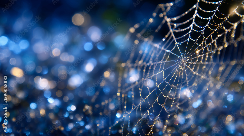 Poster macro image of a spider web covered in tiny dew droplets reflecting ambient light