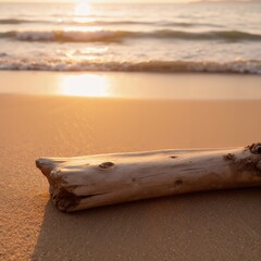 Product presentation template. A piece of driftwood on the beach at sunset.
