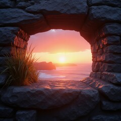 Product presentation template. A view of a sunset through a stone archway.