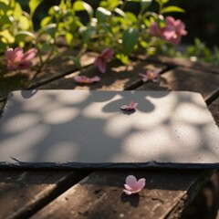 Product presentation template. A close-up shot of a black rock with pink flowers on it.