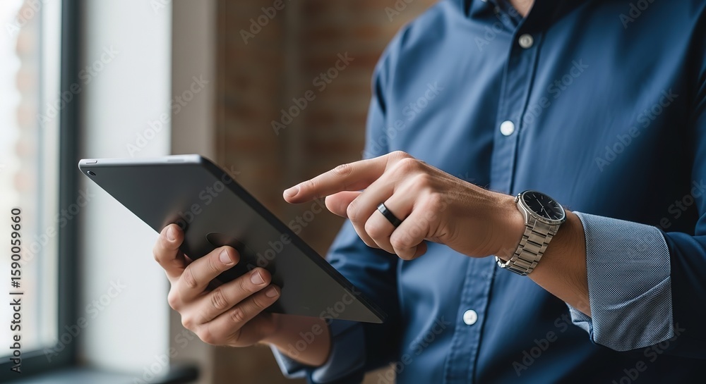 Poster man in blue shirt using tablet computer with watch and ring focusing on technology and business