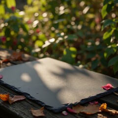 Product presentation template. A close-up shot of a black rock laying on a wooden surface.